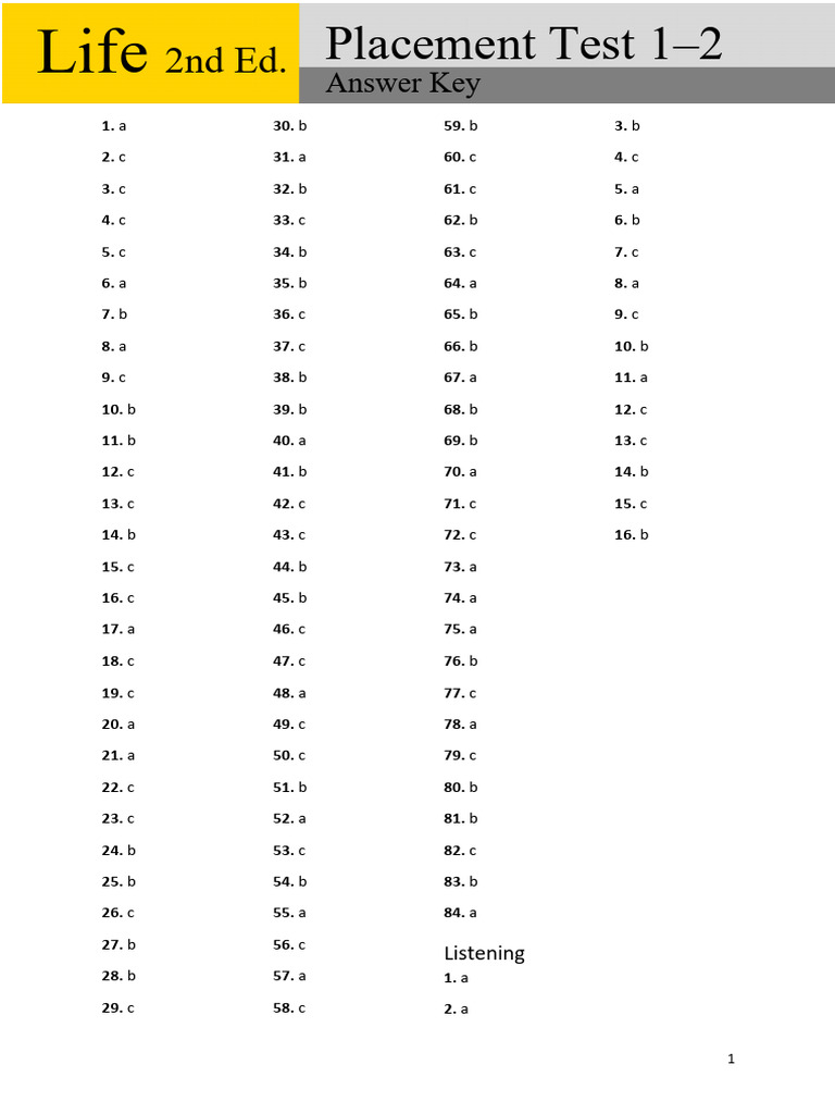 Life 2e Placement Test Level 1-2 Answer Key | PDF