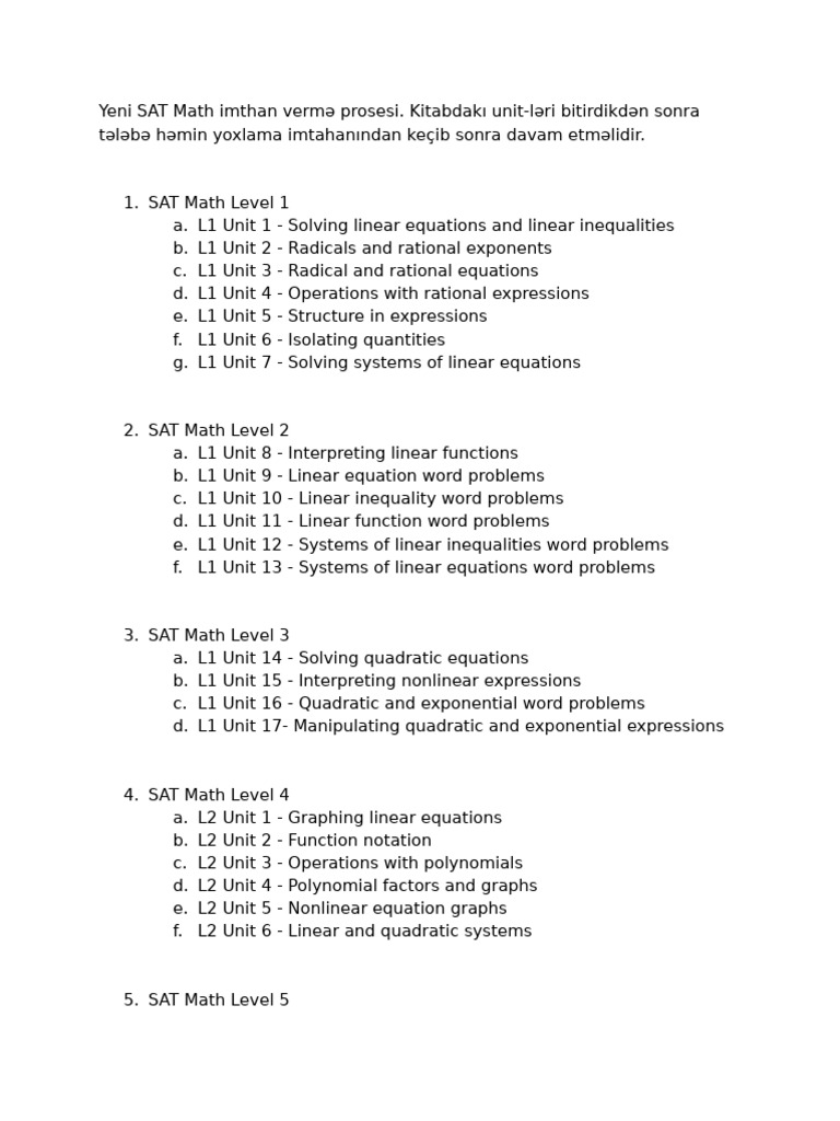 SAT Math Levels and Unit Breakdown | PDF