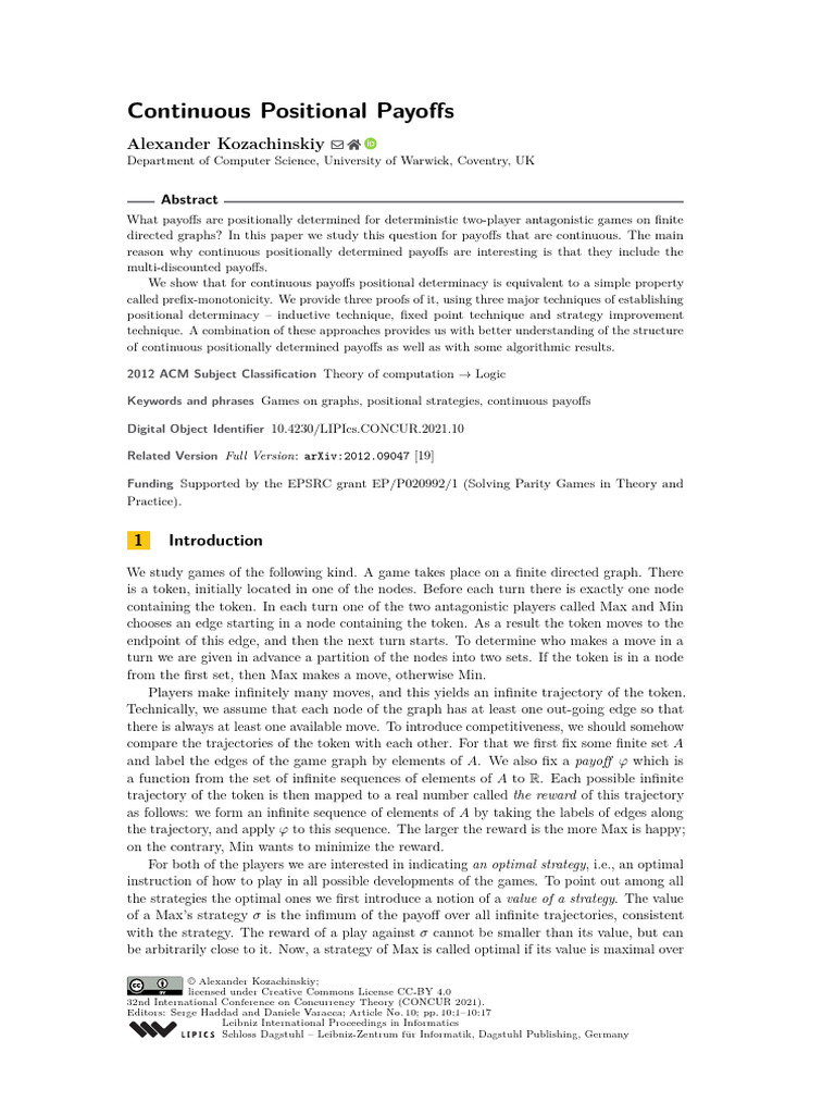 Continuous Positional Payoffs in Games | PDF | Compact Space | Sequence