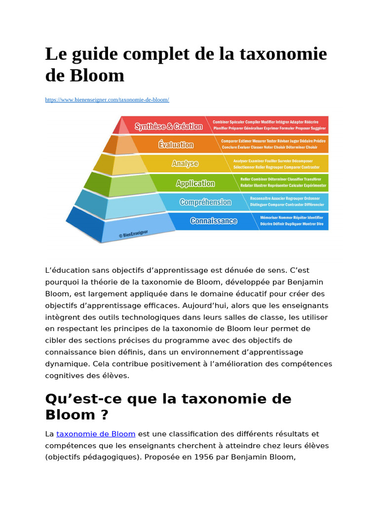 Guide complet sur la taxonomie de Bloom | PDF | Pédagogie | Apprentissage