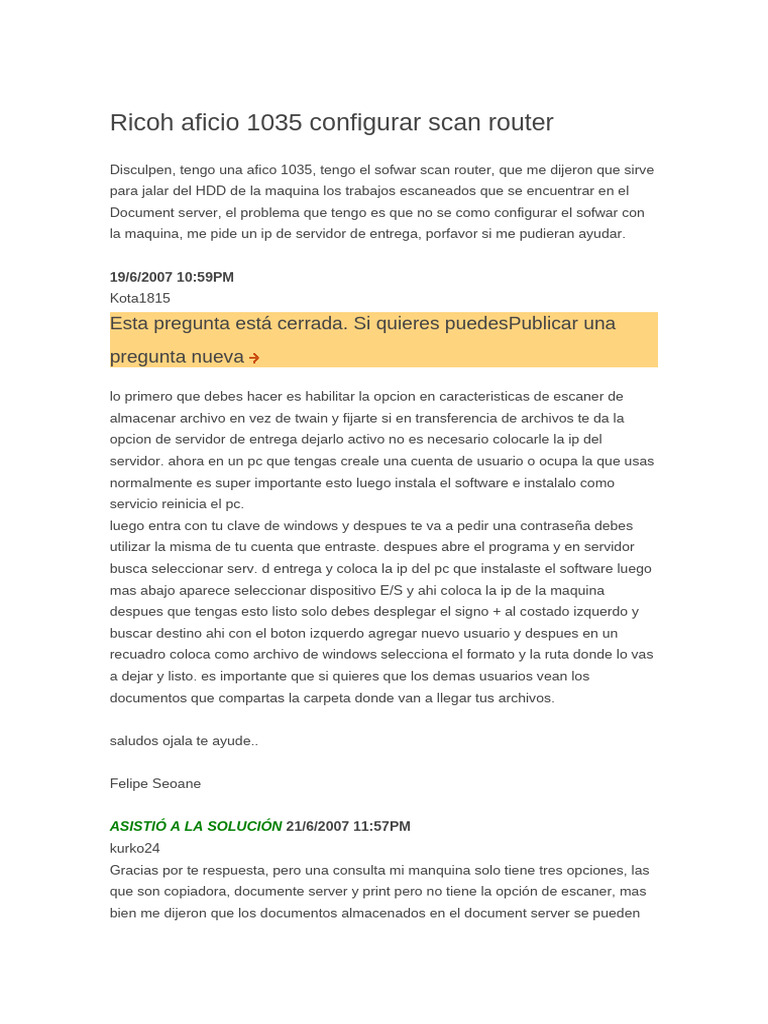 Configuración de Scan Router en Ricoh Aficio 1035 | PDF | Archivo de ...
