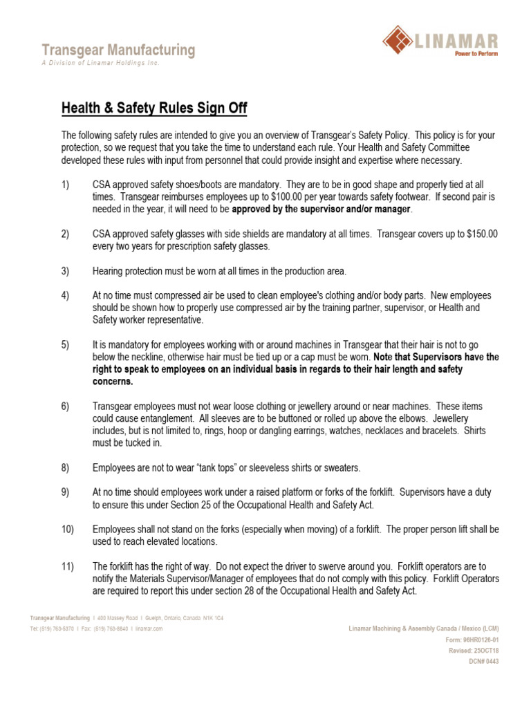 Transgear Manufacturing Safety Rules | PDF | Forklift | Occupational ...