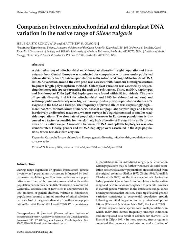 Comparison Between Mitochondrial and Chloroplast DNA Variation in The ...