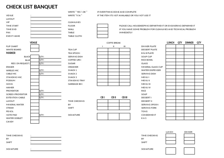 BANQUET CHECK LIST | PDF | Tableware | Cooking