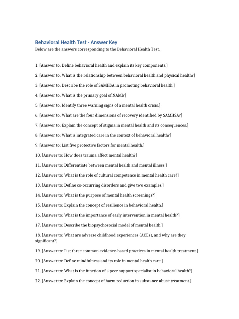Behavioral Health Test Answer Key | PDF | Mental Health | Mental Disorder