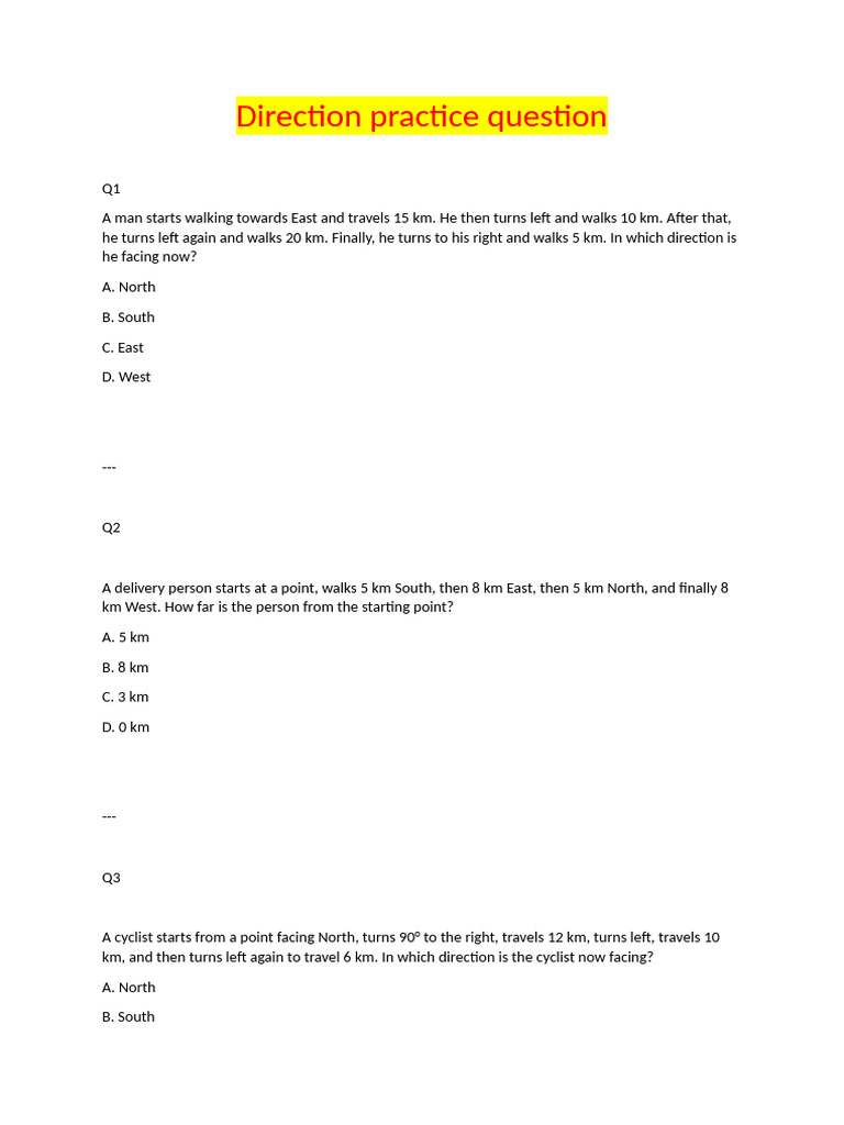 Direction Practice Question | PDF | Space | Navigation