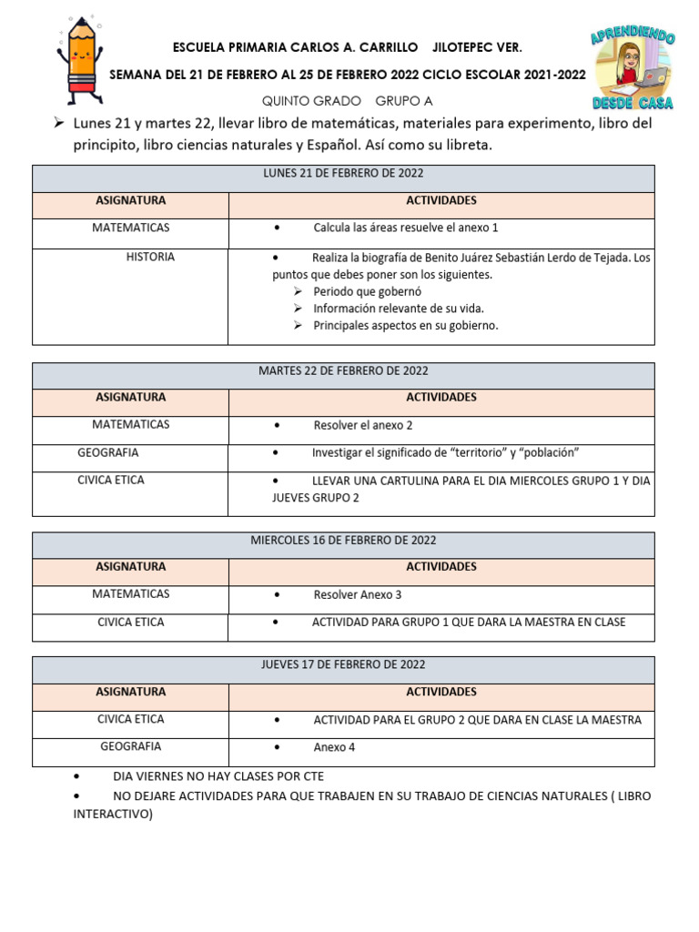 2 Actividades de La Semana 21 Al 25 de Febrero 5a | PDF