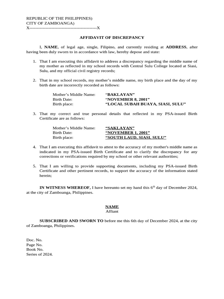 Affidavit of Discrepancy in Records | PDF