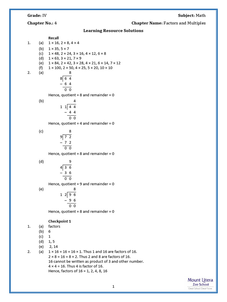 Factors and Multiples for Grade IV | PDF | Numbers | Mathematics