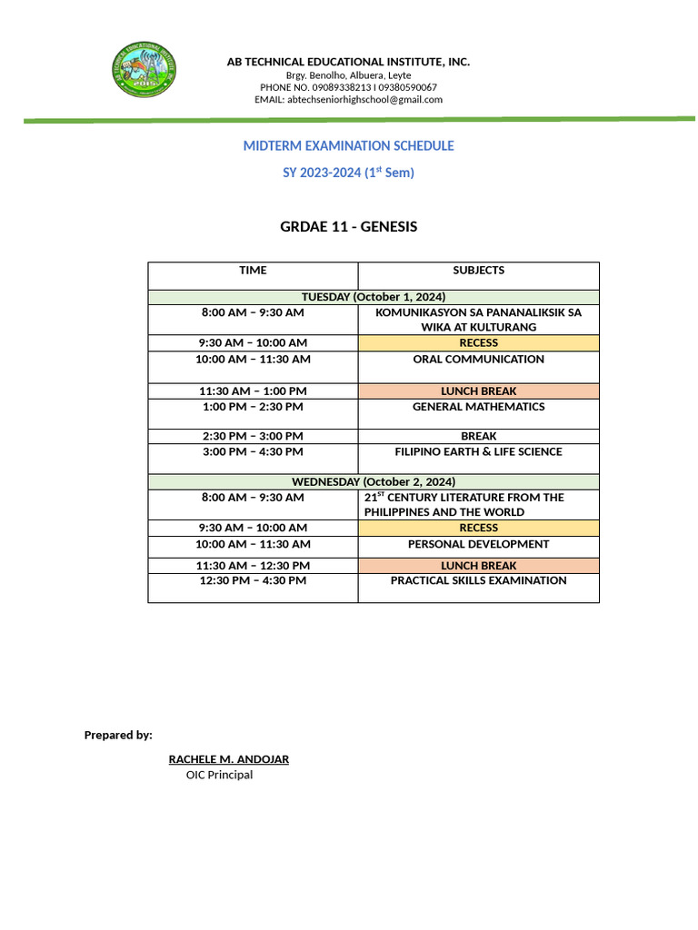 Midterm Examination Schedule | PDF