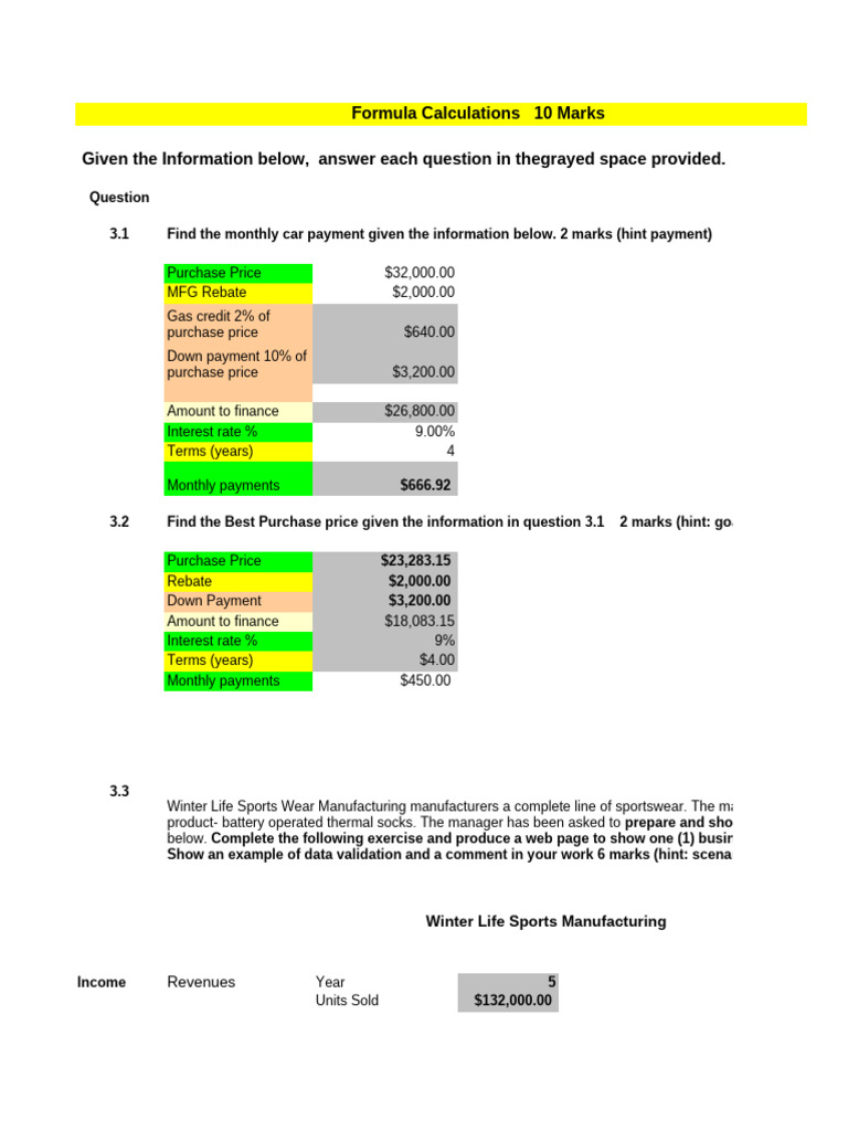 Car Payment and Business Forecast Calculations | PDF | Prices | Interest
