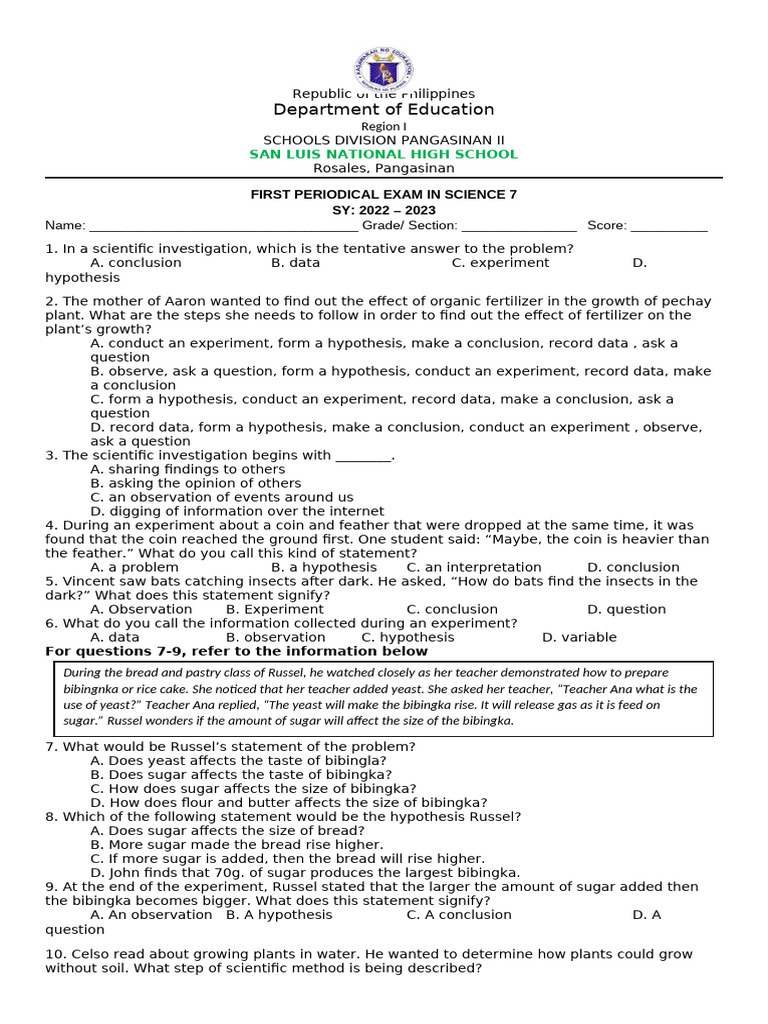 Science 7 First Periodical Exam Guide | PDF | Mixture | Chemical Substances