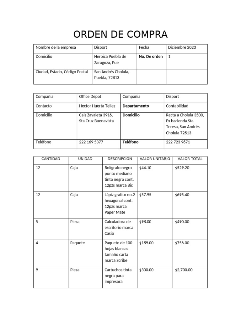 Orden de Compra Disport Diciembre 2023 | PDF | Papelería | Trabajo de ...
