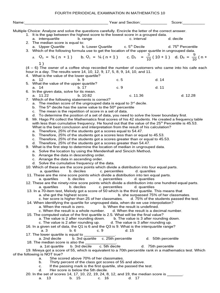 Math 10 Periodical Exam Questions | PDF | Percentile | Quartile