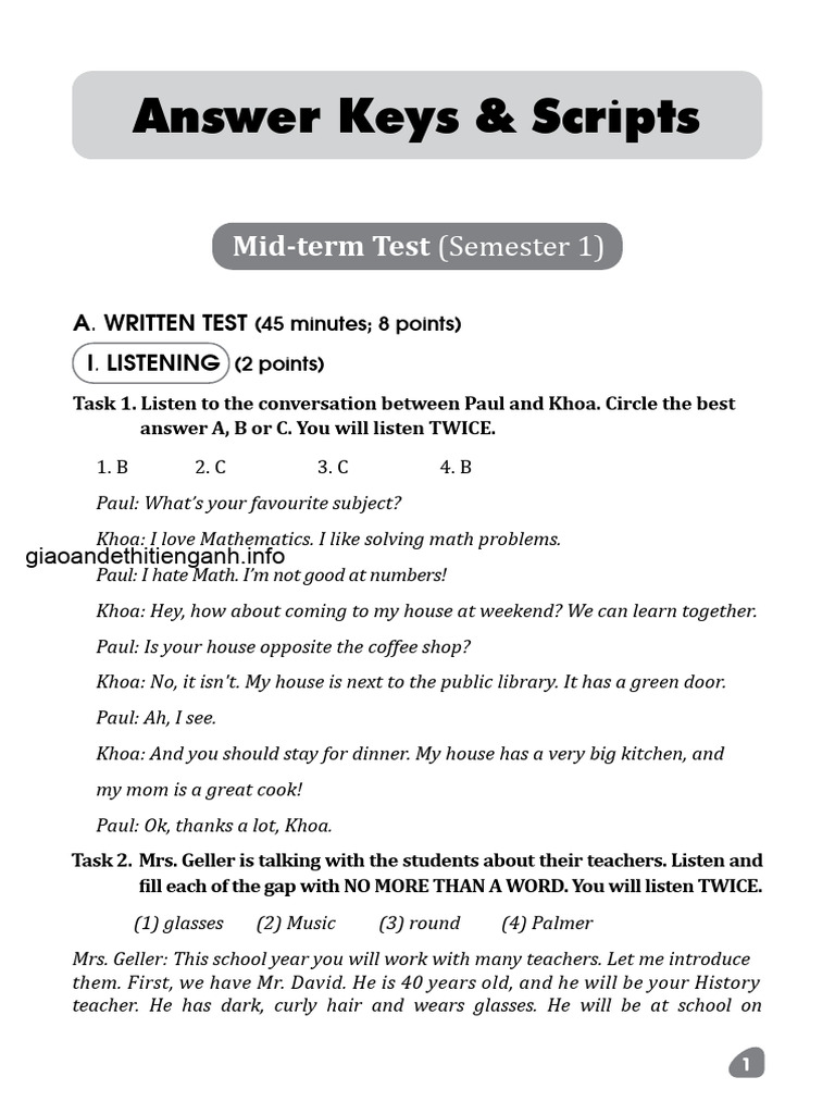 Mid-term Test Answer Keys and Scripts | PDF