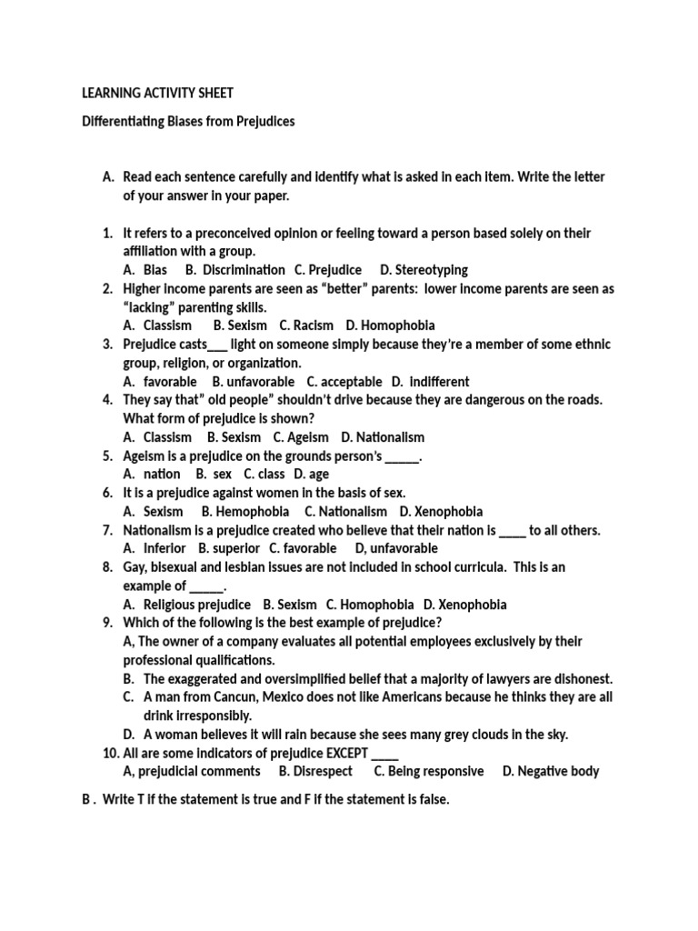 LEARNING ACTIVITY SHEET Bias and Prejudice Edited | PDF | Prejudices ...
