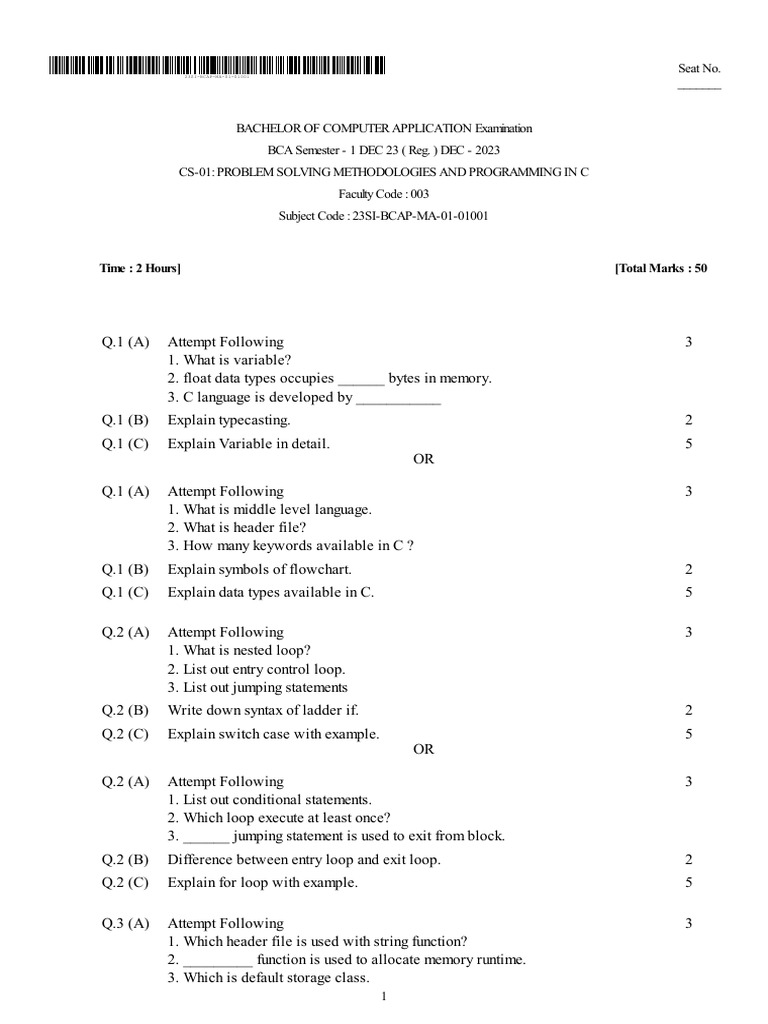 BCA Semester 1 Exam: C Programming Guide | PDF | Pointer (Computer ...