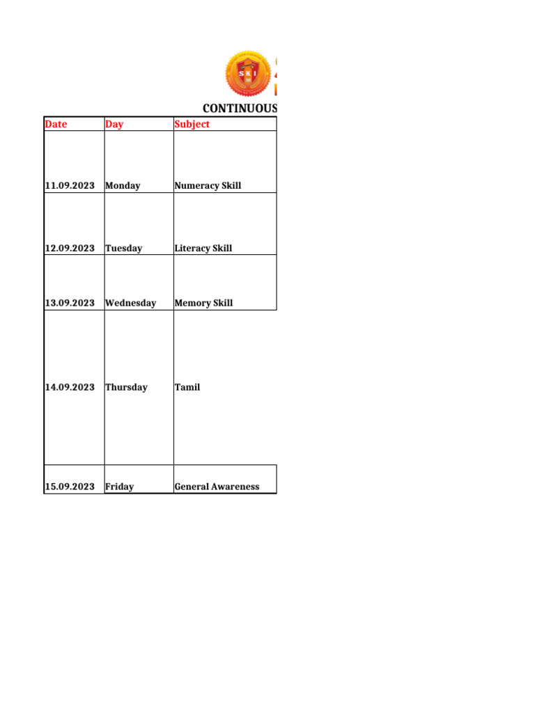Continuous Assessment - 1 - Timetable and Portions: Date Day Subject | PDF