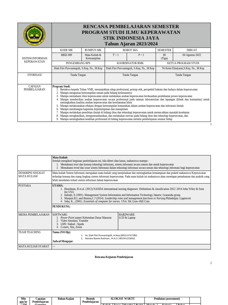 RPS Sistem Informasi Keperawatan | PDF