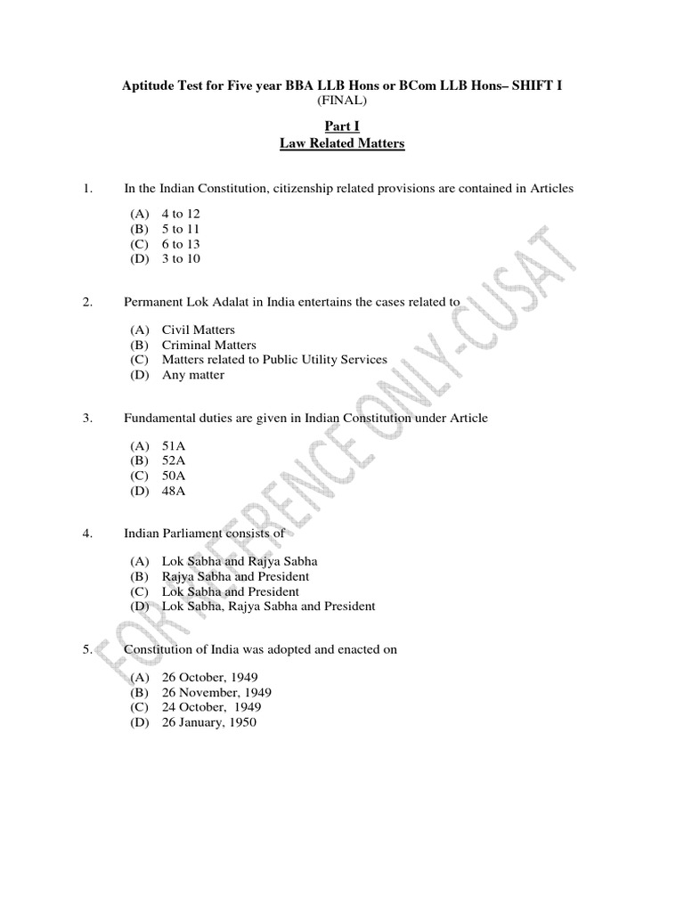 201 Aptitude Test For Five Year BBA LLB Hons or BCom LLB Hons First Shift |  PDF
