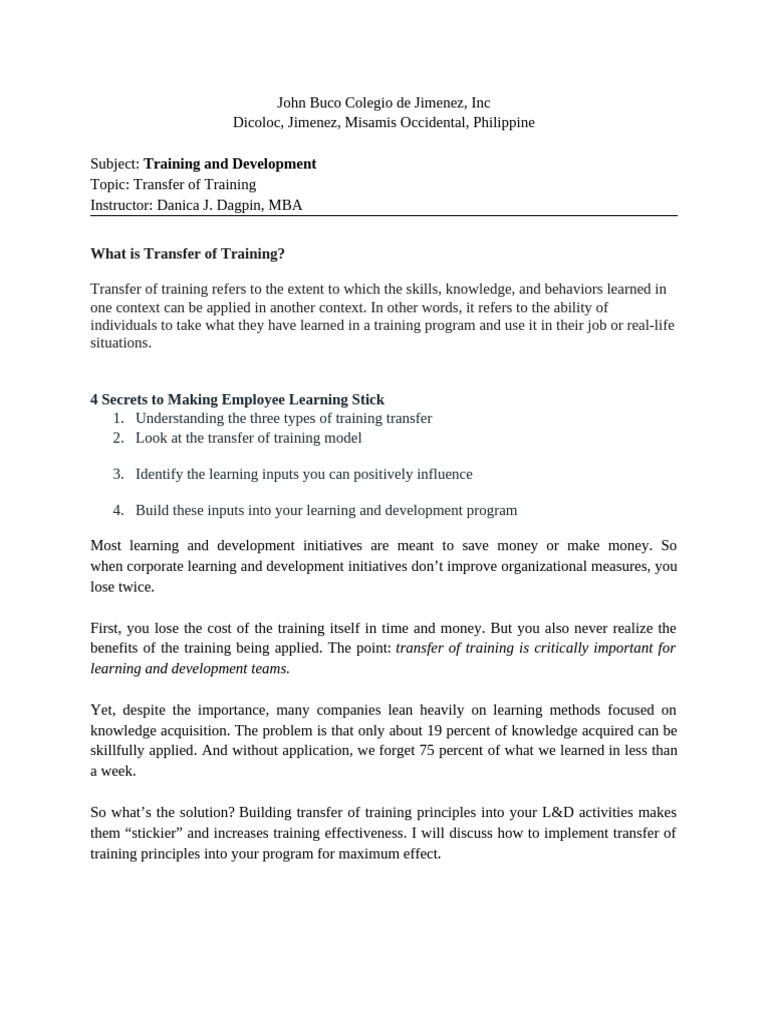 Mastering Transfer of Training in L&D | PDF | Performance Indicator ...