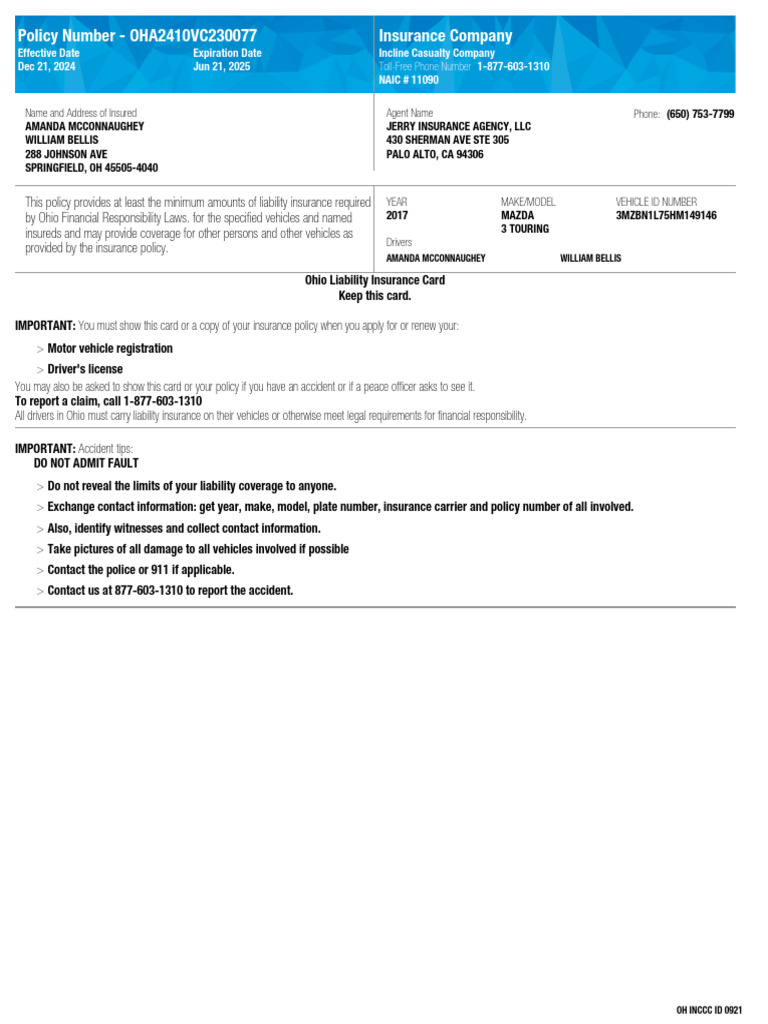 Ohio Liability Insurance Card Details | PDF | Insurance | Transport
