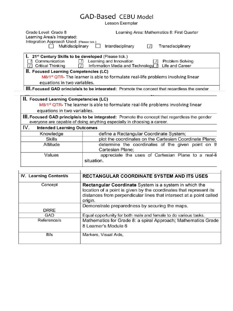Lesson Plan On Cartesian Coordinate System 09252024 | PDF