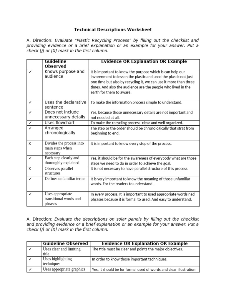 Technical Descriptions Worksheet | PDF