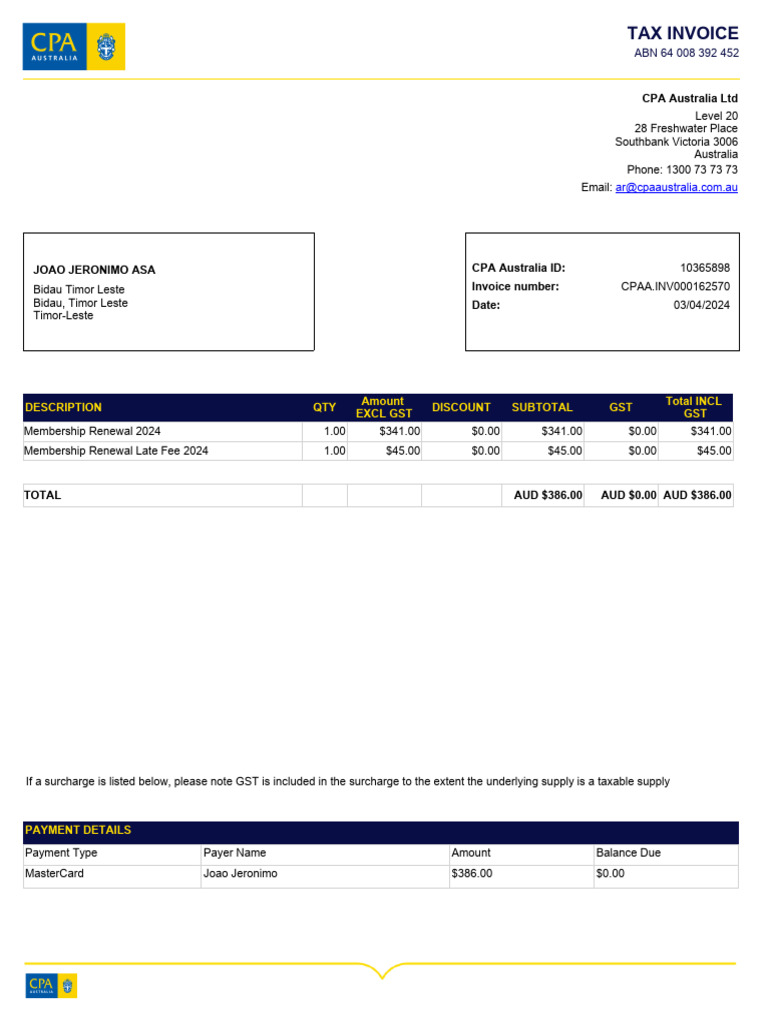Invoice CPAA - INV000162570 03042024 | PDF | Taxation | Payments