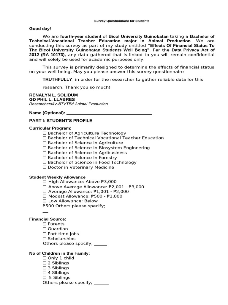 Final Questionnaire For Students | PDF | Thought | Psychology