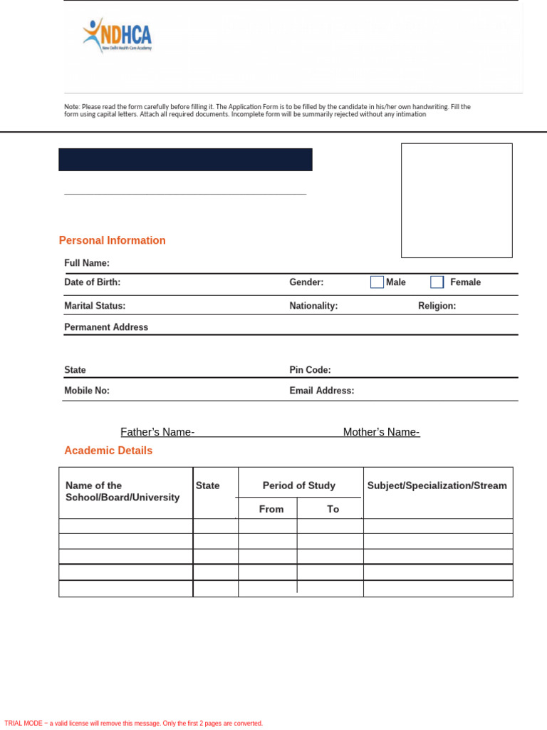 NDHCA Application Form Guidelines | PDF