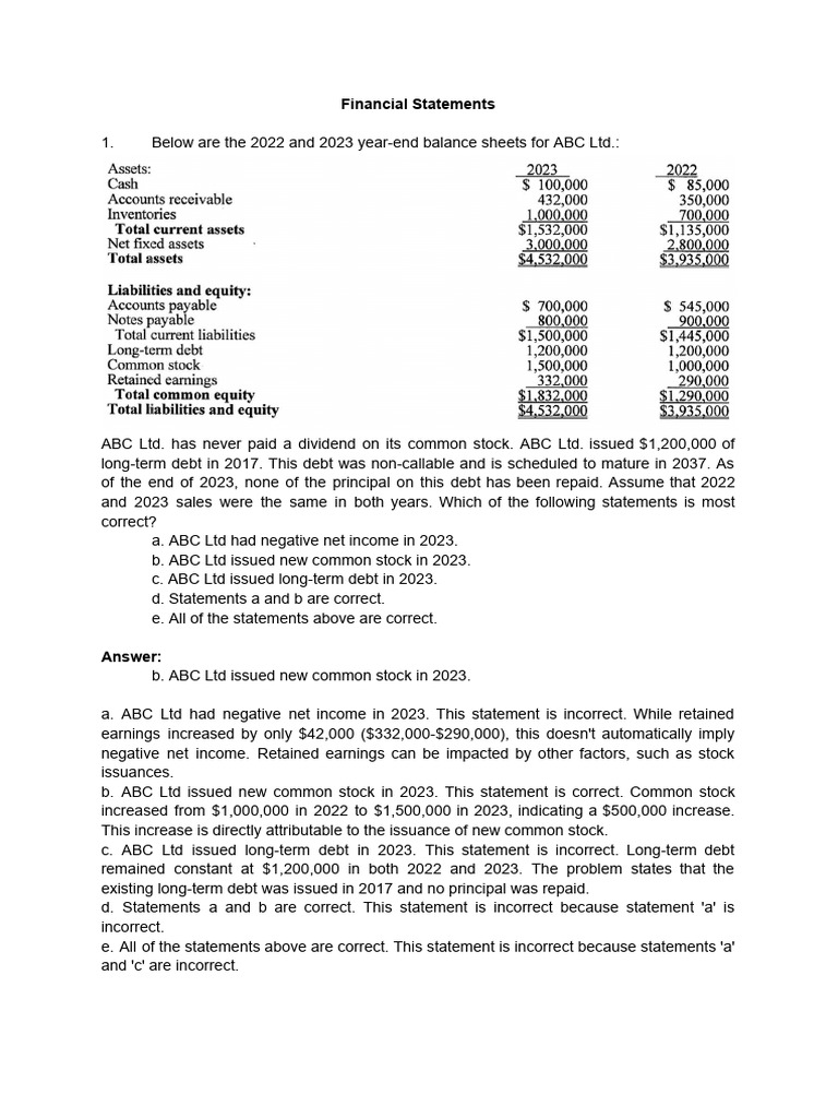 Financial Statements & Ratio Analysis Sheet | PDF | Dividend | Retained ...