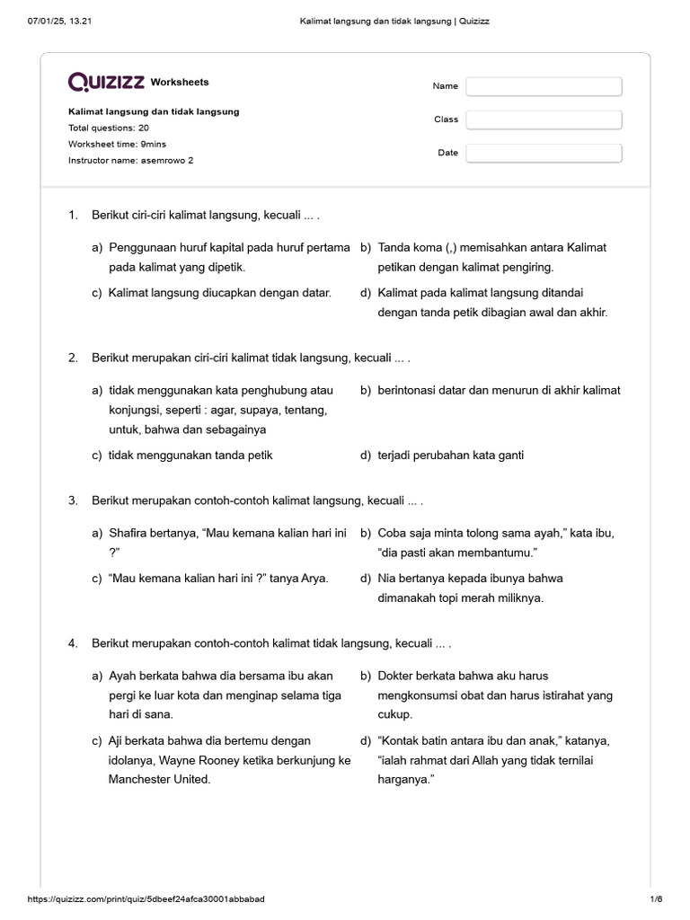 Kalimat Langsung Dan Tidak Langsung Quizizz Soal Kelas 6 Pdf