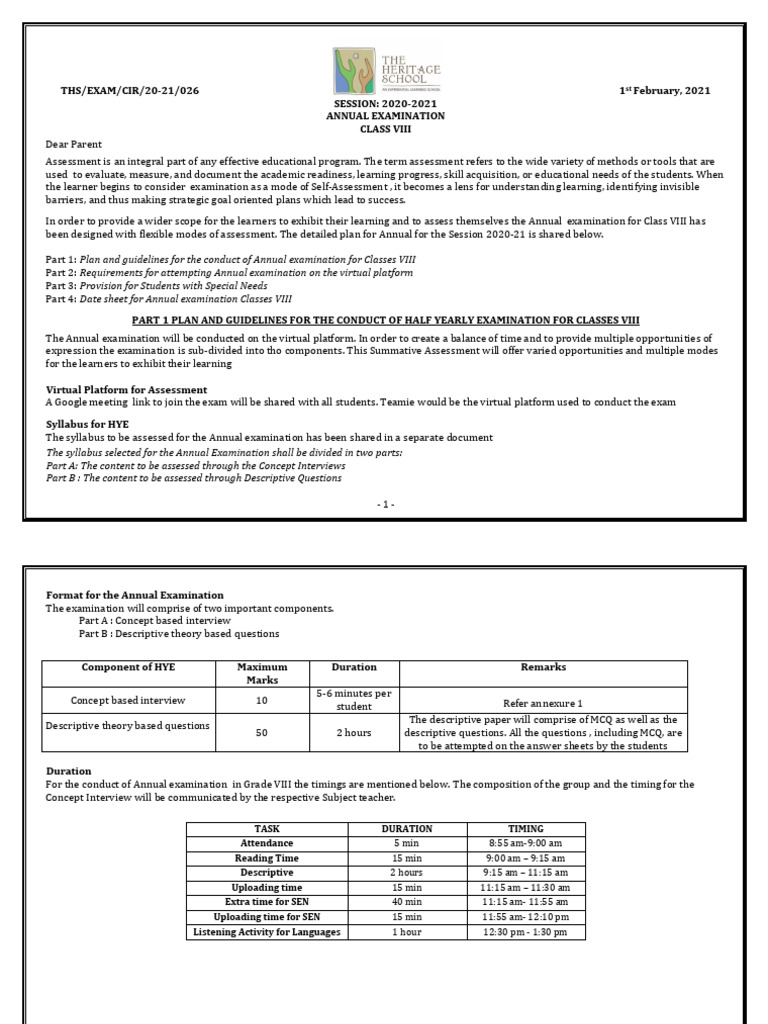 Class VIII Annual Exam Guidelines | PDF | Educational Assessment | Learning