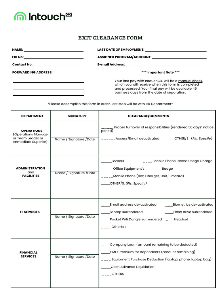Exit clearance form pdf business