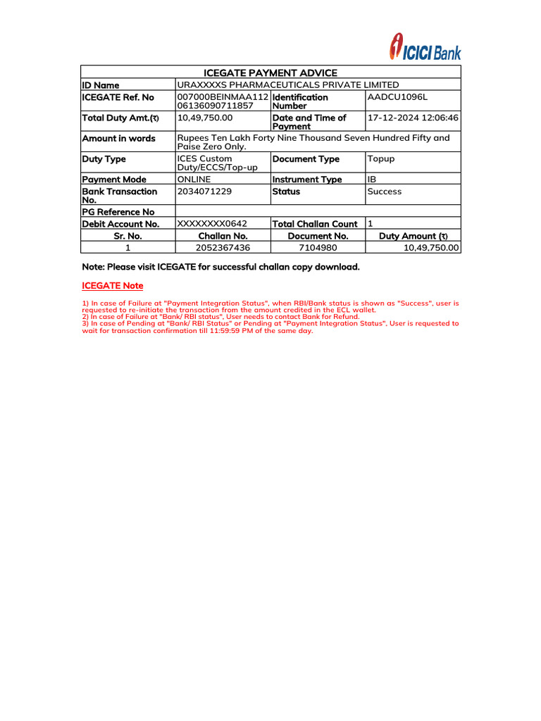 ICEGATE Custom Duty Payment Receipt | PDF