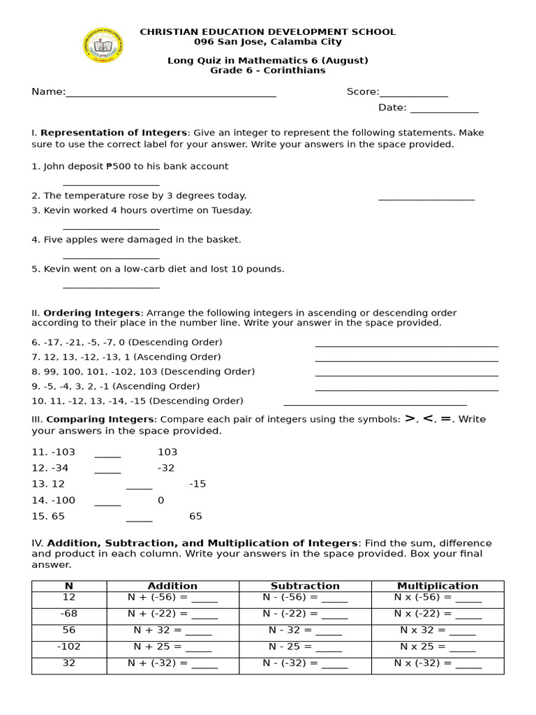 Long Quiz in Math 6 (August) | PDF | Mathematics | Arithmetic