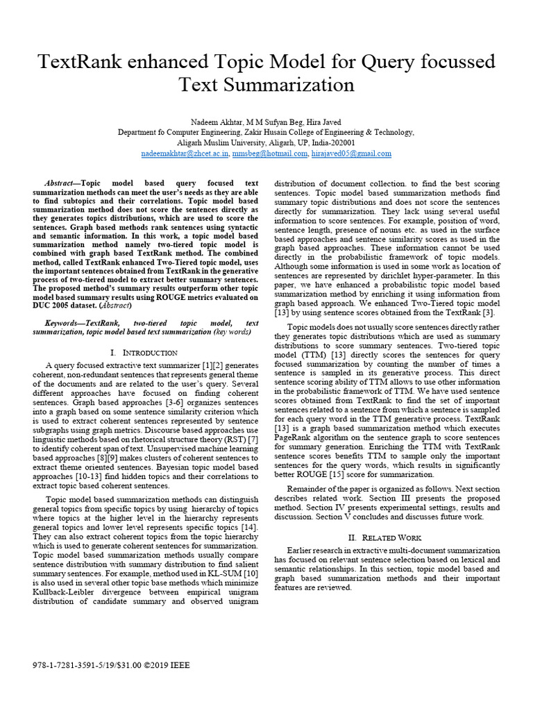 TextRank Enhanced Topic Model For Query Focussed Text Summarization ...