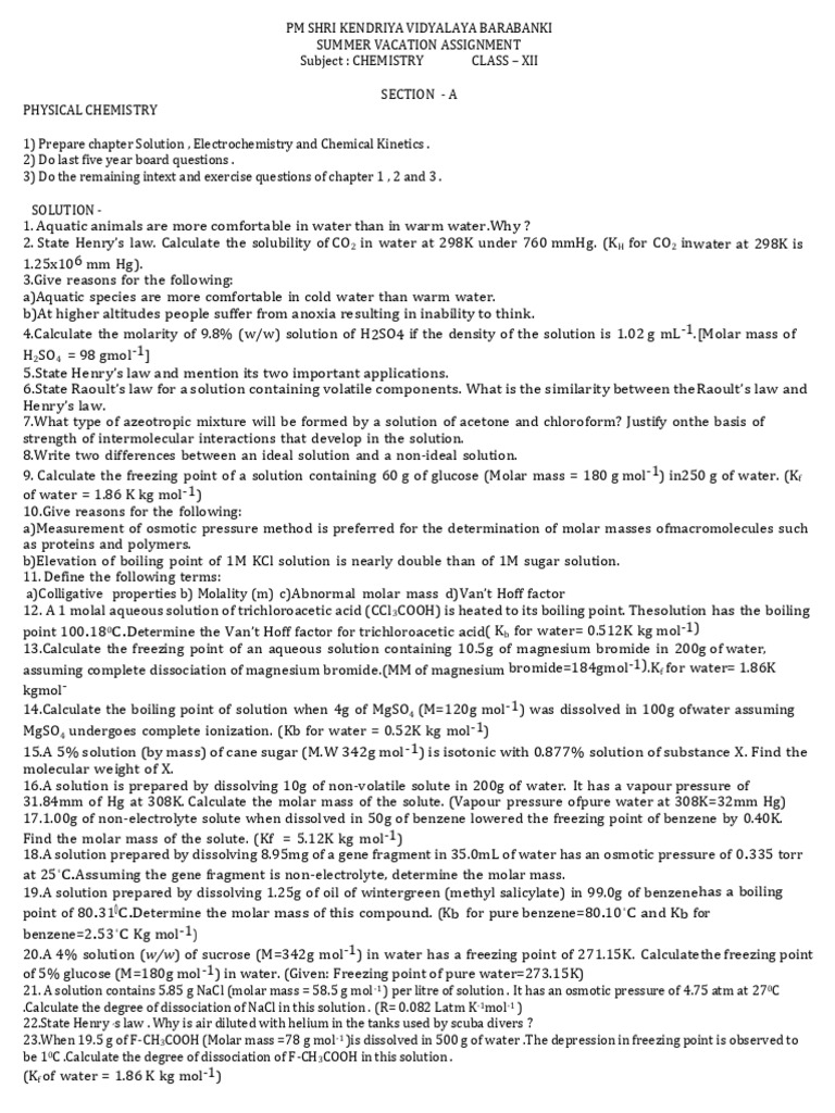 Summer Vacation Ass Class Xii BBK | PDF | Physical Chemistry | Chemistry