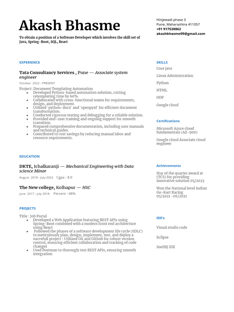 Software Developer Resume: Akash Bhasme | PDF | Software | Software ...