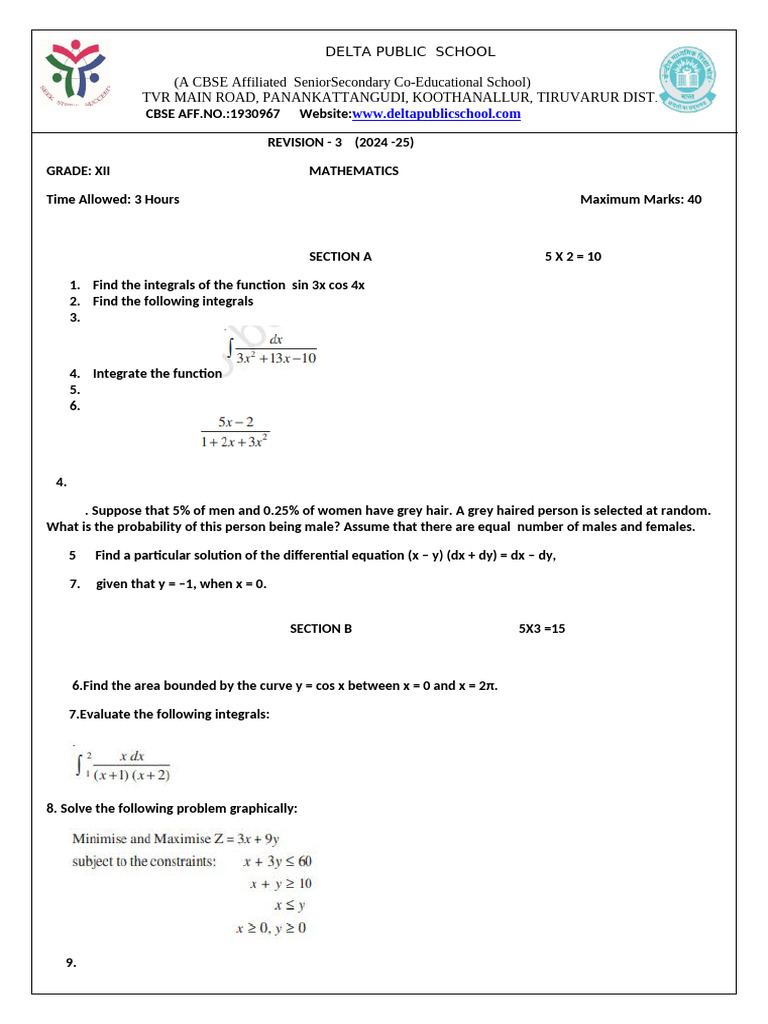 G12 - Maths 50% - Rev 5 40 Marks | PDF
