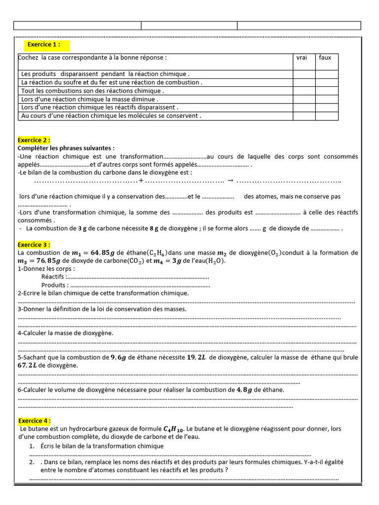 Les Reactions Chimiques Exercices Non Corriges 5 | PDF | Molécules ...