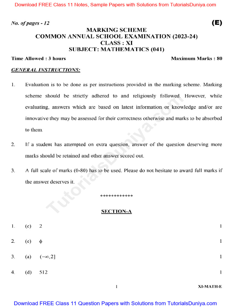Solutions of Class 11 Maths Question Paper 2024 | PDF