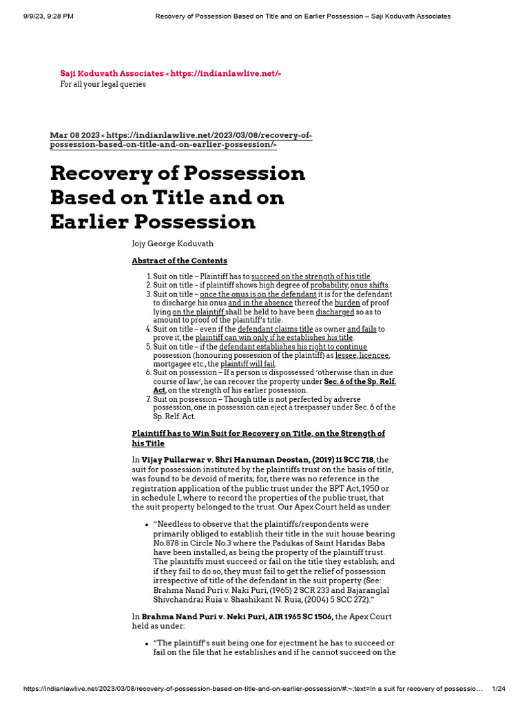 Possession Recovery: Title vs. Earlier Claim | PDF | Burden Of Proof ...