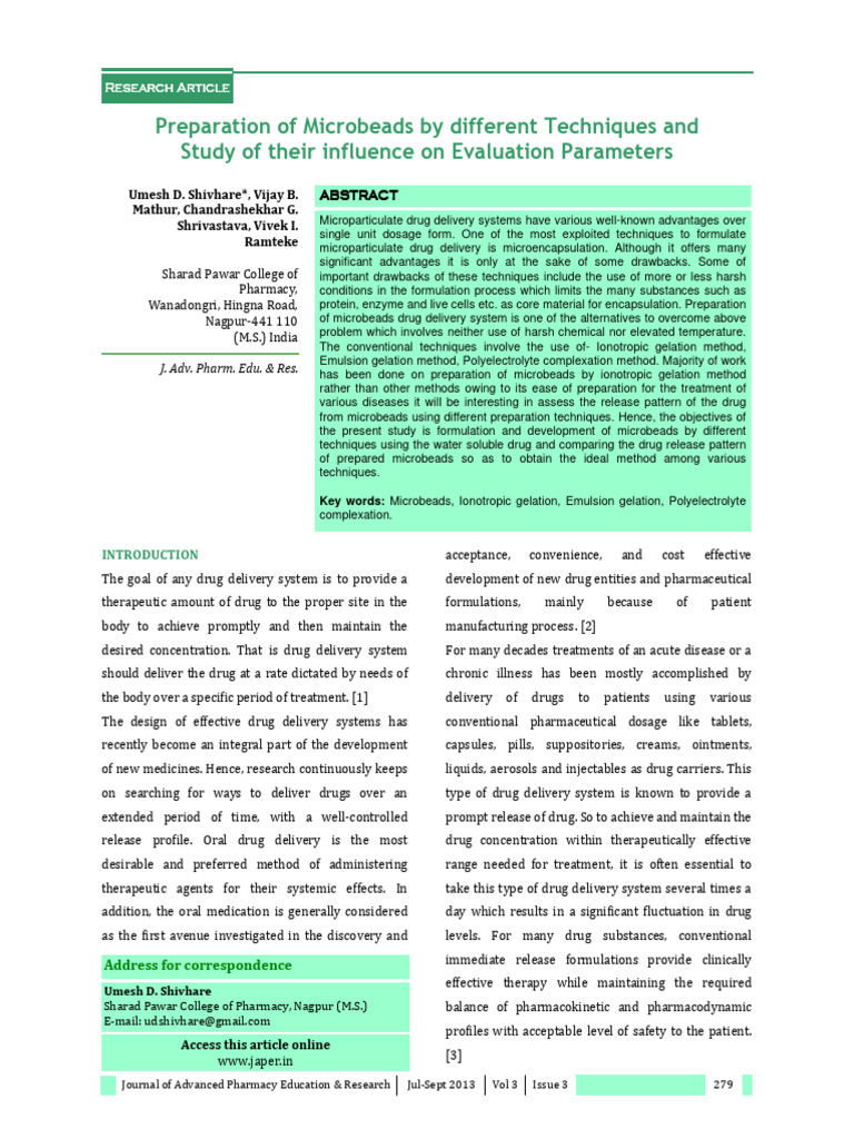 Microbead Preparation Techniques in Drug Delivery | PDF ...