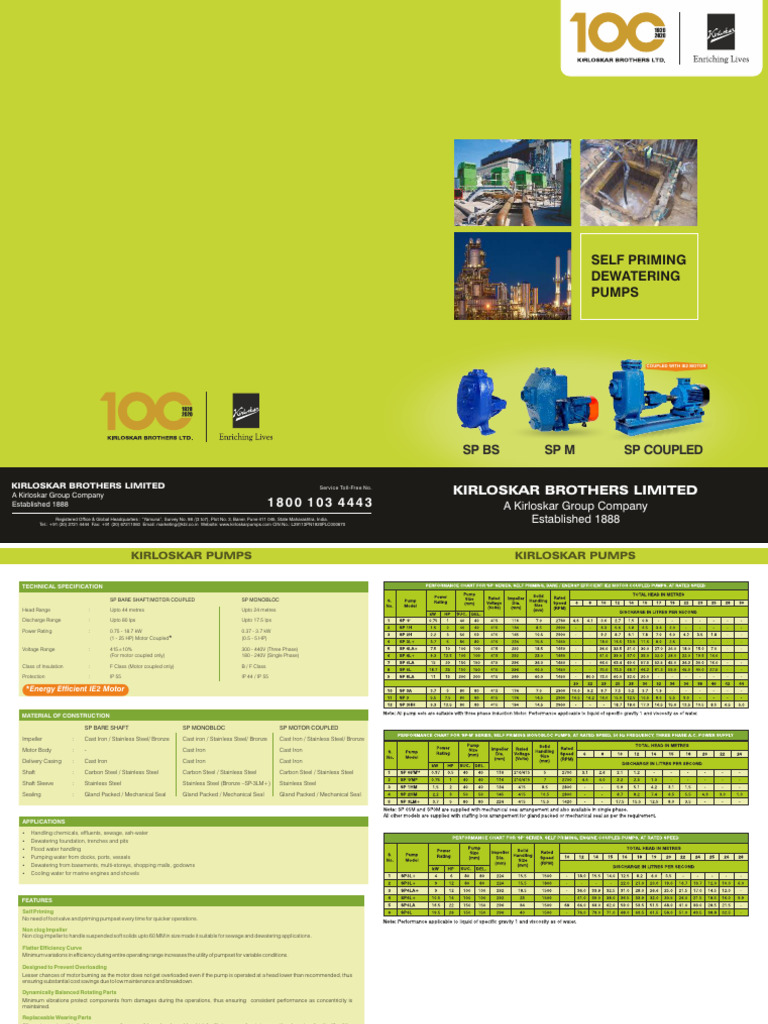 Kirloskar 10 HP Dewatering Pump Specs | PDF | Pump | Mechanical Engineering