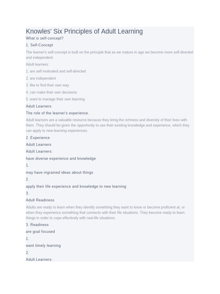 Knowles' Six Principles of Adult Learning | PDF