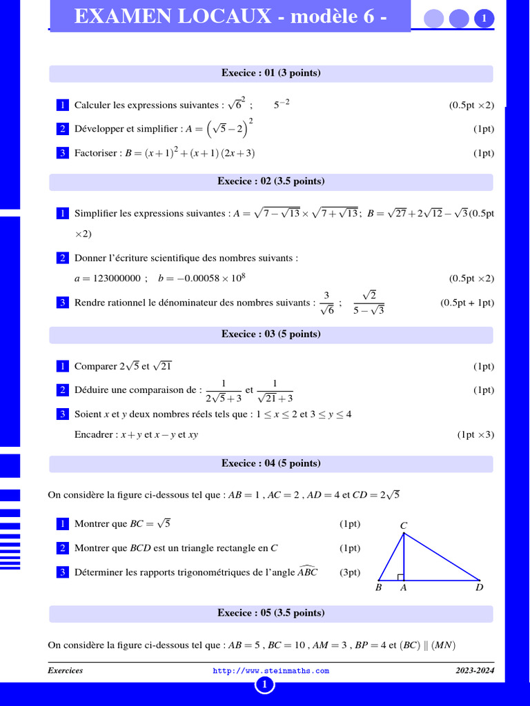 Exercices de mathématiques 1AC 2023/2024 | PDF | Trigonométrie | Euclide