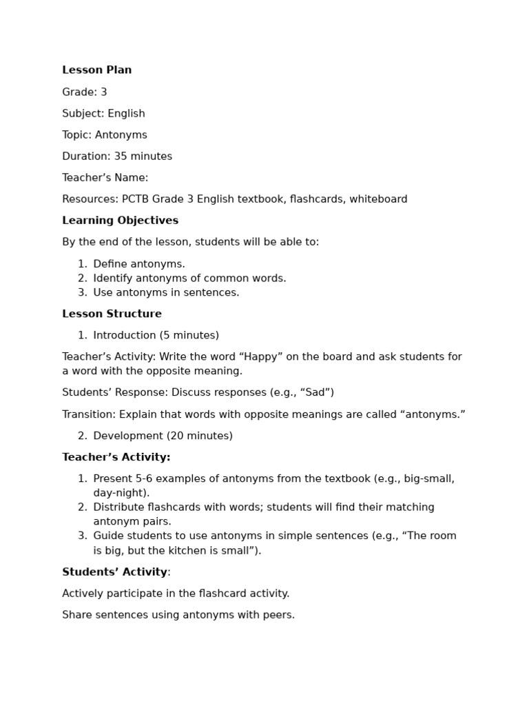 Grade 3 Lesson Plan on Antonyms | PDF