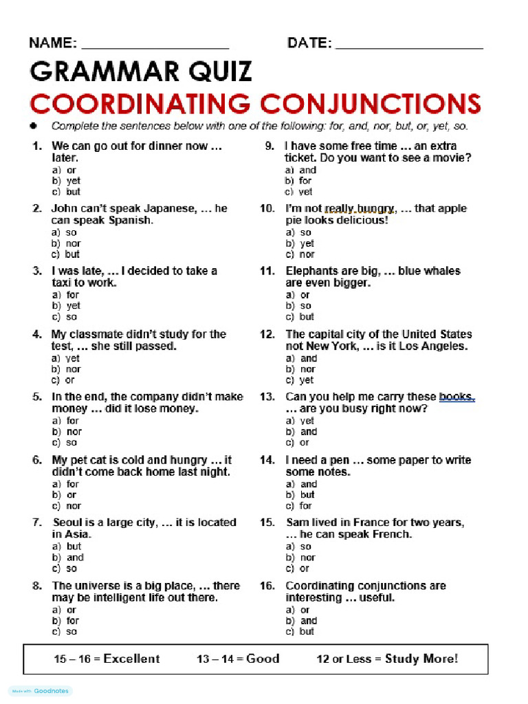 Coordinating Conjunctions TEST | PDF